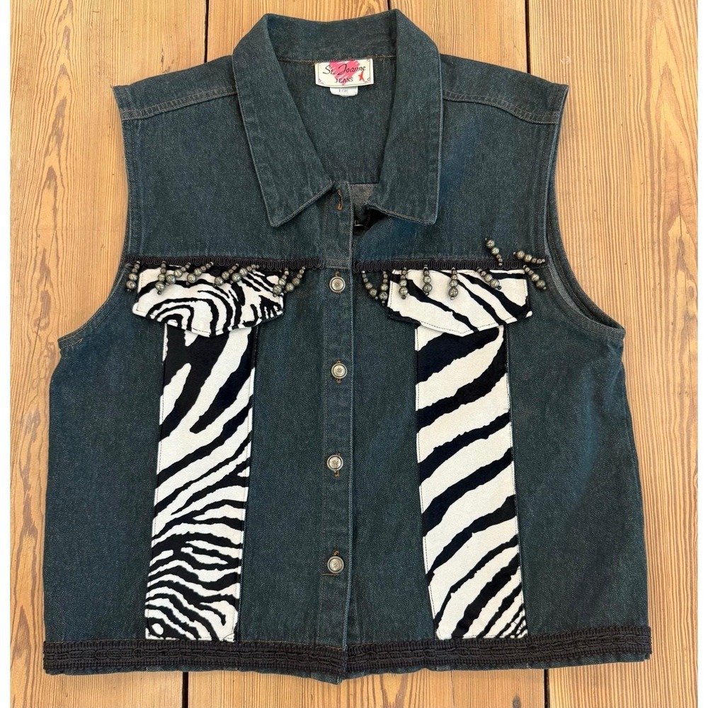 Vintage St‎ Joanne Jeans Dark Denim Zebra Vest Bead Accents Cotton Large